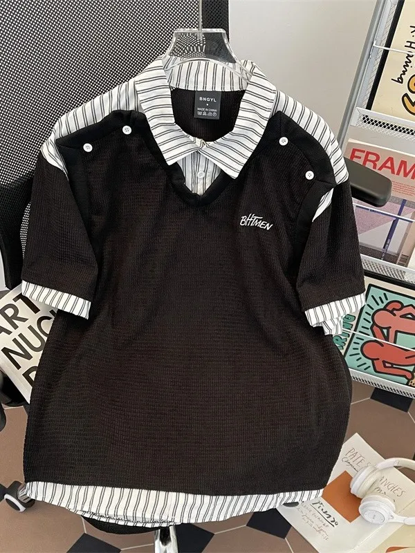 Loose Striped ort Sve irt ex Summer Casual Design Couple's T-irt Youth Faion Urban Sle Regular Sve L...