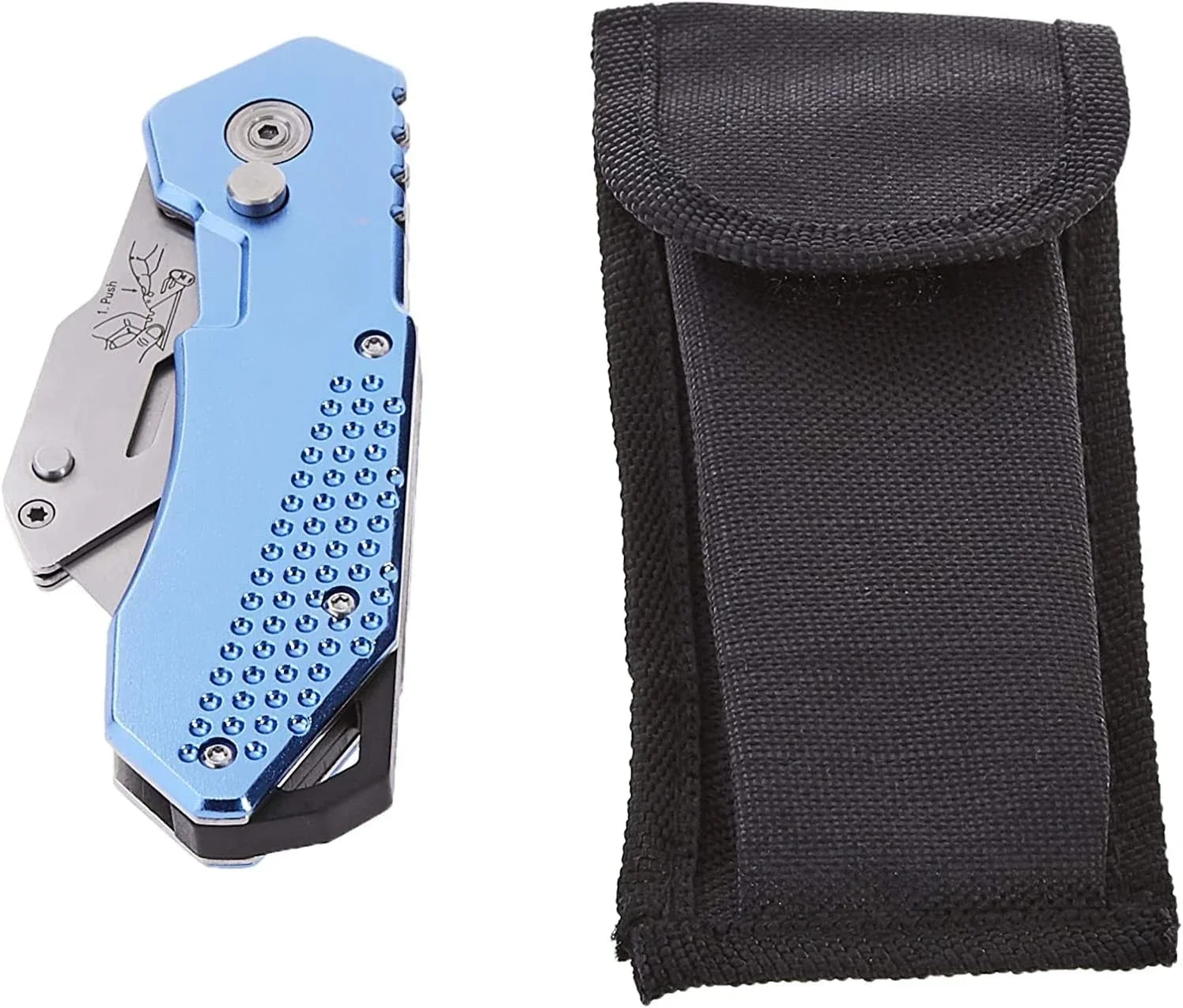 Amazon Basics Cuchillo utilitario plegable, cuerpo de aluminio liviano con funda, azul claro
