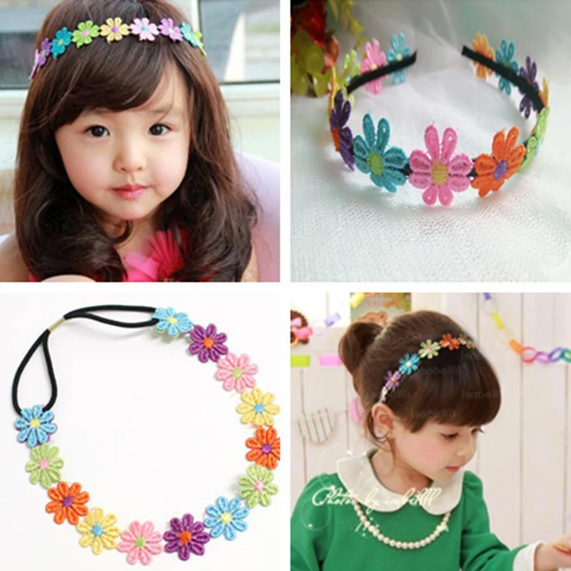 Lovely Girls Colorful Flowers Hairbands Sweet Kids Embroidered Floral Headwear Cute Children Elastic Hair Hoop Accessories Gifts