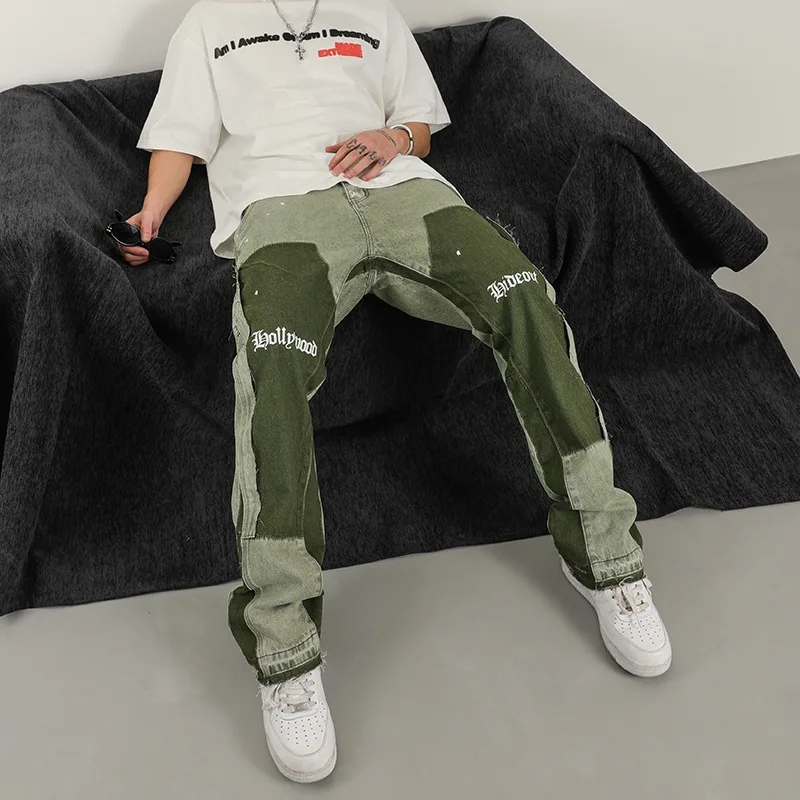 American High Street Heavy Industry Washed Jeans Retro Lumberjack Splicing Flared Pants Tide Baggy-Jeans für Herren