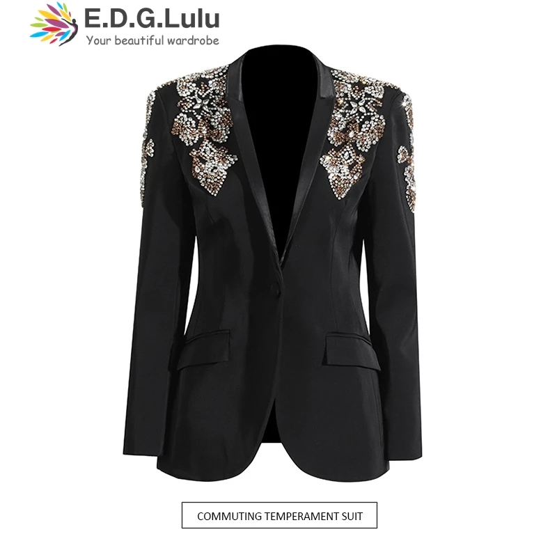 

EDGLuLu Woman Clothing Turn-Down Collar Long Sleeved Single Breasted Buckle Black Jackets Bright Diamond Splicing Blazer 0904