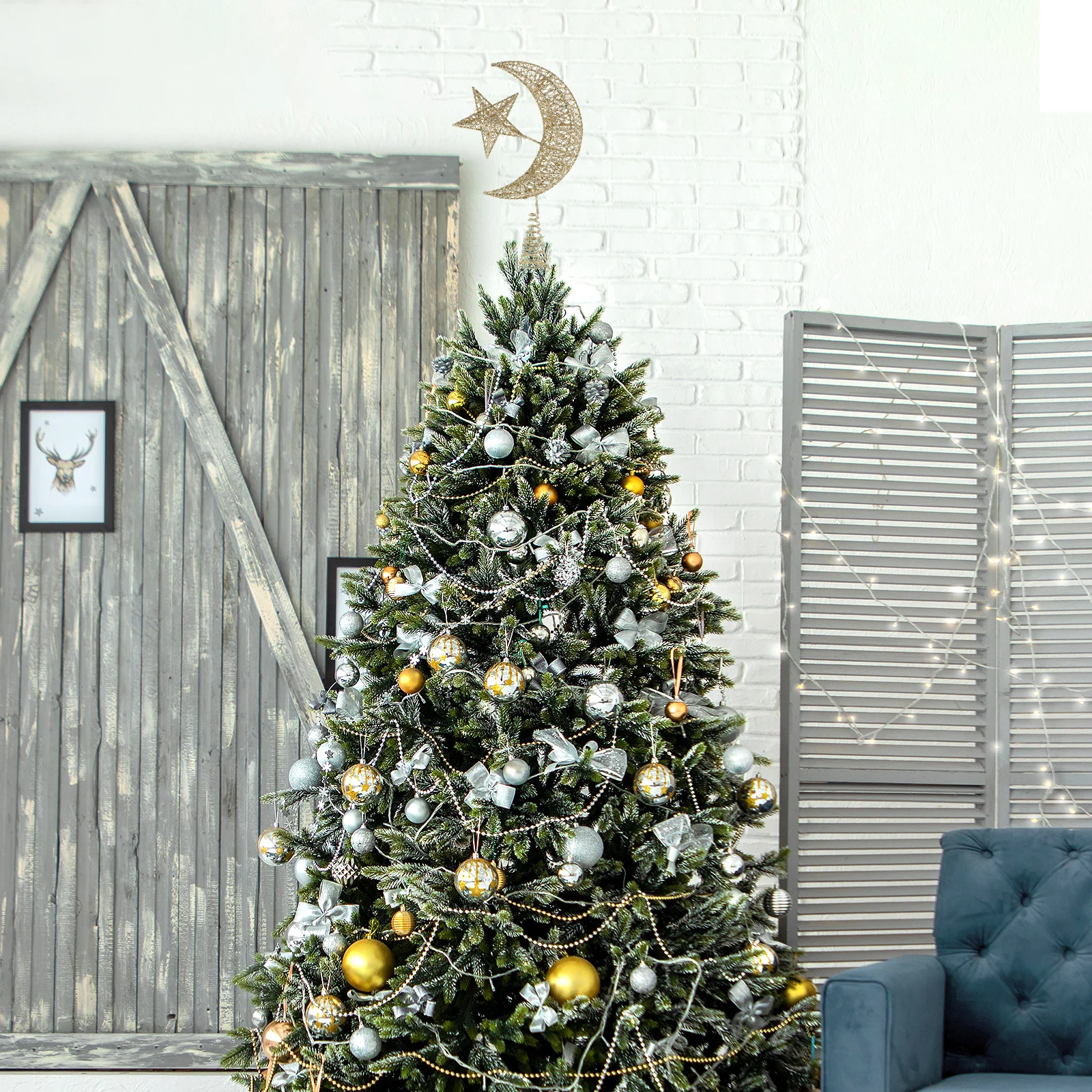 

Stars and Moon Decorations Small Tree Topper Bling Golden Nativity Holiday Ornament