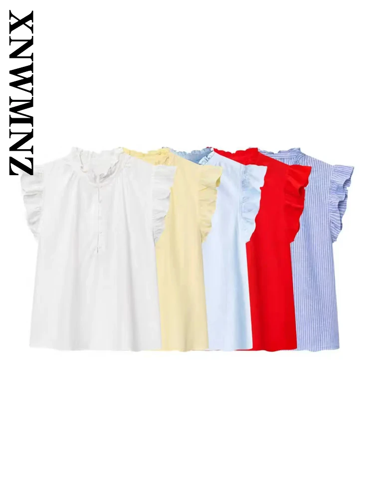 

XNWMNZ 2025 Summer Lady Simple Fashion Sleeveless Ruffled Collar Ruffle Linen Casual Chic Women Clothing Button Loose Fit Vest