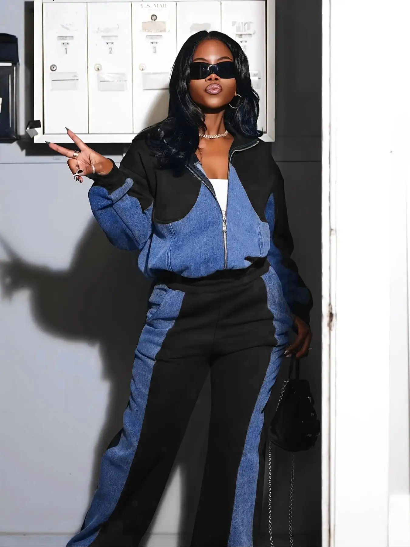 قطعتين مجموعة بانت مجموعات سستة الدنيم تقسم معاطف رفض طوق جيوب عارضة السراويل الطويلة مستقيم الشارع الشهير الخريف الشتاء