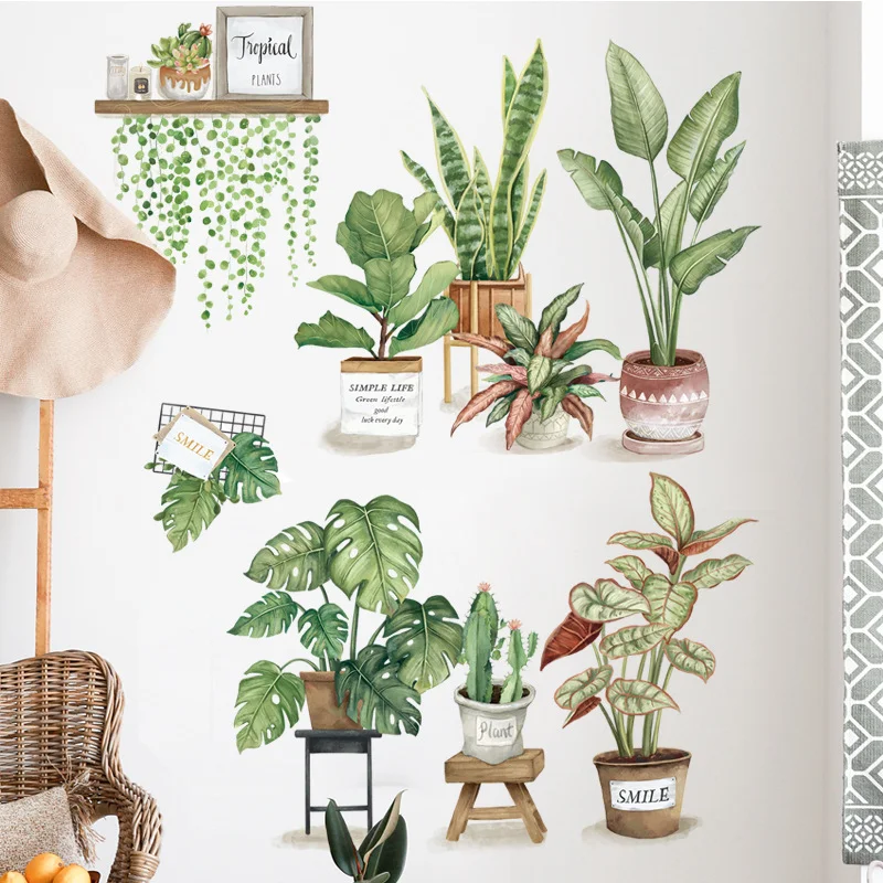 Monstera Thai Constellation - 水彩画のトロピカルグリーン植物ウォールステッカー、モンステラ、スネークプラント、サボテン、ストリングオブパール、リビングルームの装飾