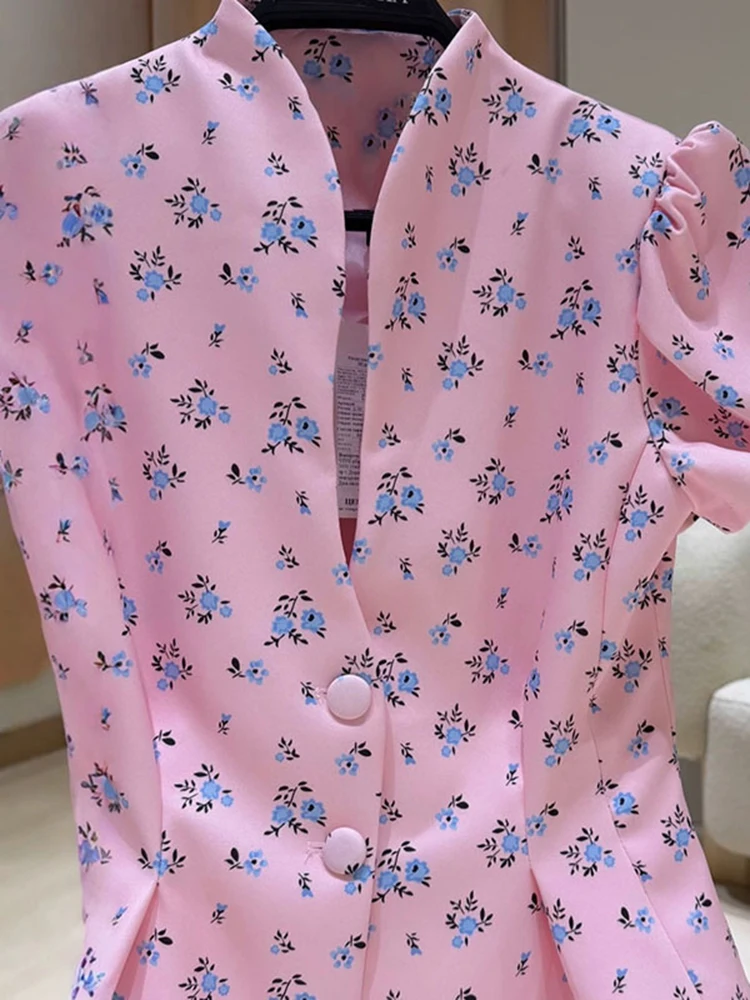 Bedruckte Kurzarm-Jacke mit Taillenschnürung für Damen, Eleganter Stehkragen, Einreihig mit Rüschen, Schlanke Passform, Neue Oberbekleidung – Detail 10