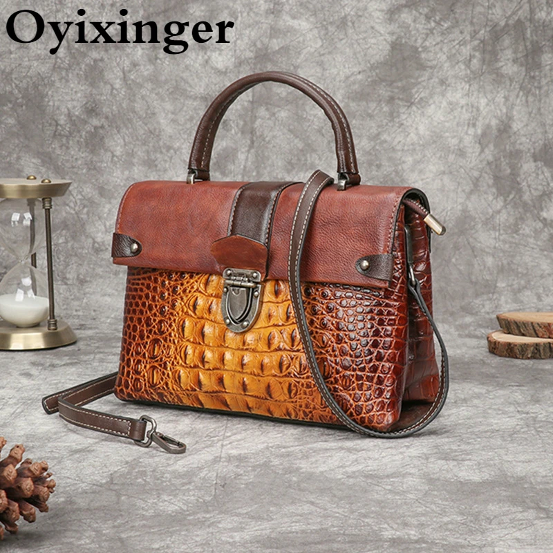 Oyixinger Vintage Bag Retro Alligator Luxury Handbag 2024 New Genuine Leather Shoulder Bag For Women Hand Painted Crossbody Bags