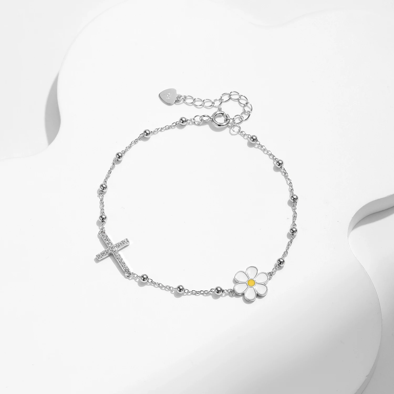 MODIAN Enamel Daisy Bracelet 925 Sterling Silver Charm Cross & Flower CZ Beads Delicate Bracelets For Women Fine Jewelry
