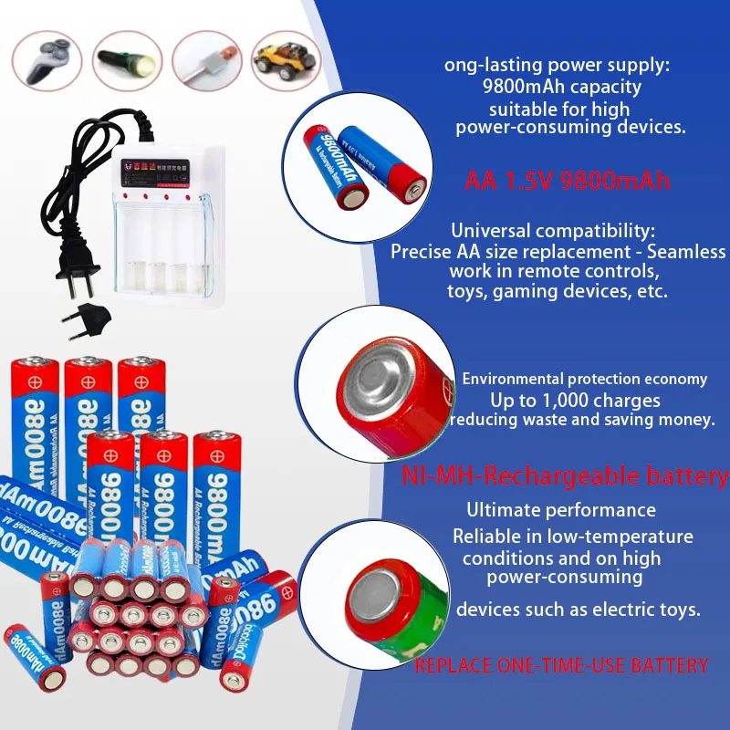 

9800mAh Rechargeable AA Battery 1.5V High Capacity Long Lasting for LED Light Toy Camera Microphone 100% Original High Quality
