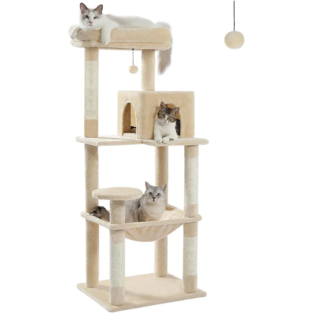 

Cat Tree for Large Cats Adult with Metal Plush Big Hammock, 56.3" Cat Tower with 2 Door Condo House, 6-Tier Cat Shelves