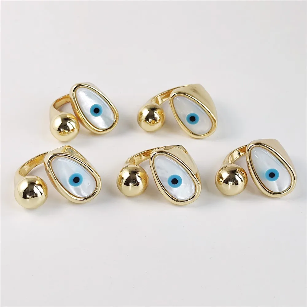 

FUWO Wholesale Natural Shell Evil Eye Rings High Quality Golden Plated Jewelry For Women Gift RG002 5Pcs/Lot