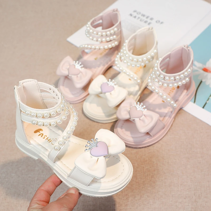 Fashionable Cute Soft Elegant Pearl Bow Girls' Sandals Summer Beautiful Student Cartoon Comfortable Children's Casual Sandals