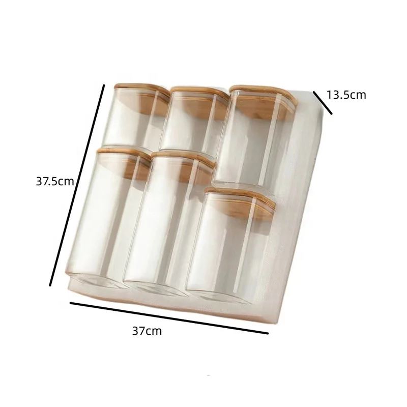 

6pcs Set Kitchen Square Glass Jar with Bamboo Lid High Borosilicate Glass Coffee Bean Bottle Airtight Eco Friendly Canister