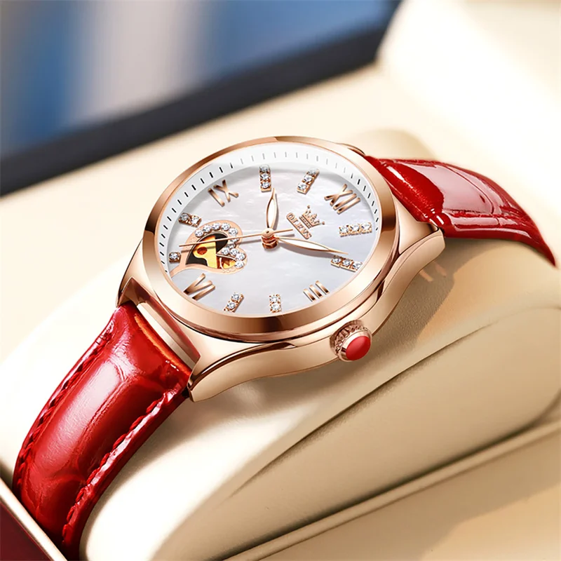 New OLEVS Women\'s Watches Luxury Brands Automatic Mechanical Watch For Women Fashion Rhinestone Red Leather reloj para mujer