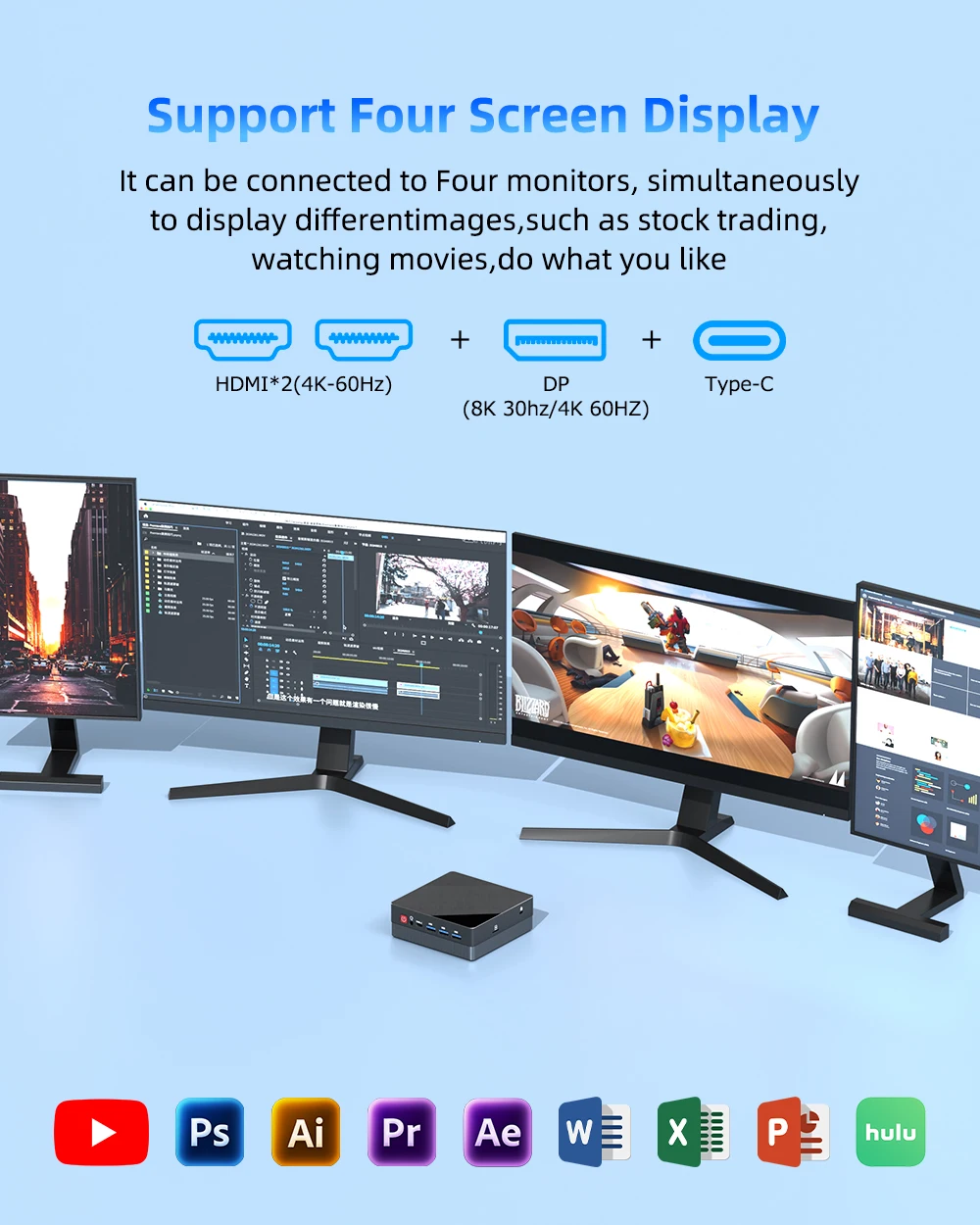 ZXIPC Mini-PC AMD R7 5800H 8-Core 16-Thread-Computer 16 GB DDR4 512 G PCIe 3.0 SSD WiFi 6 BT5.2 Mini-PC Desktop-Computer 4 Display