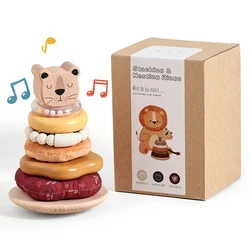 Baby Wooden Montessori Toys BPA Free Lion Blocks Stacking Tower Rattle Toys Sensory Intellectual Development Toys for Kids Gifts