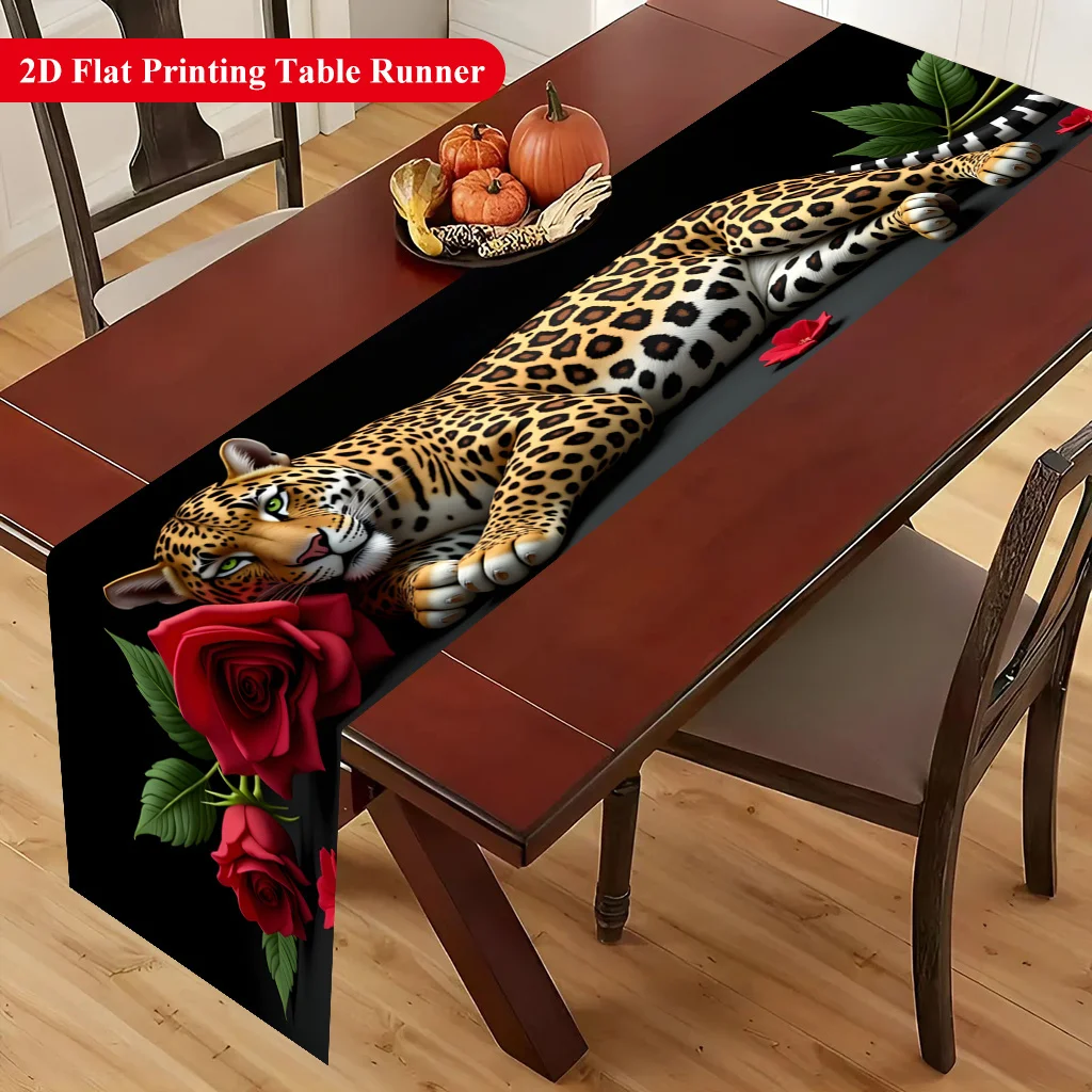1pc Leopard Rose Print Table Runner for Family Dinners, Afternoon Tea, Dining Table Decoration, and Leisure Area Décor