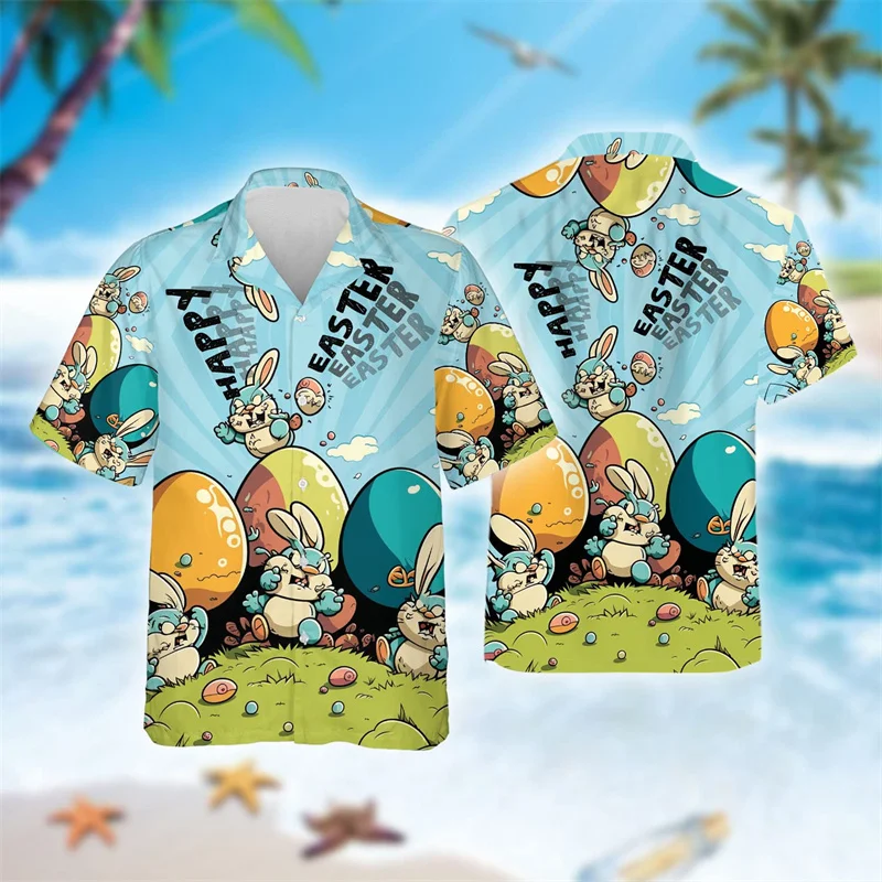 Funny Easter Day 3D Print Shirts For Men Clothes Casual Hawaiian Kawaii Rabbit Beach Shirt Egg Kids Gifts Blouses Button Tops