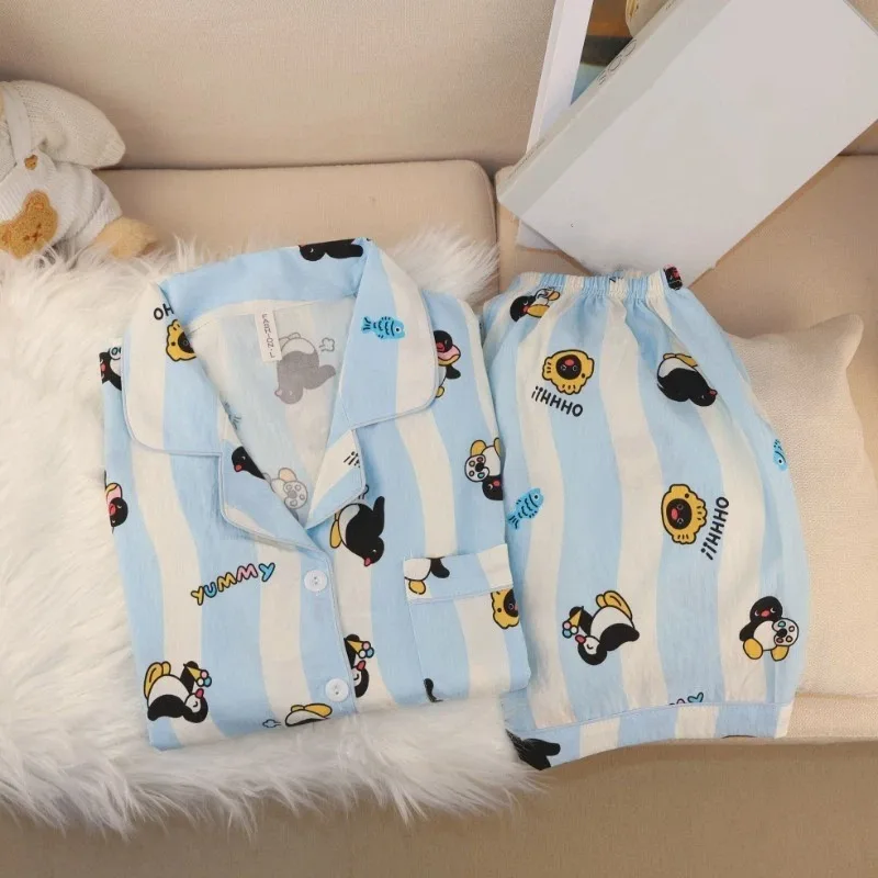 Kawaii Striped Penguin Print Pajama Set Women Summer Short Sleeve Lapel Sleepwear Shorts Soft Sweet Casual Loungewear Two Piece