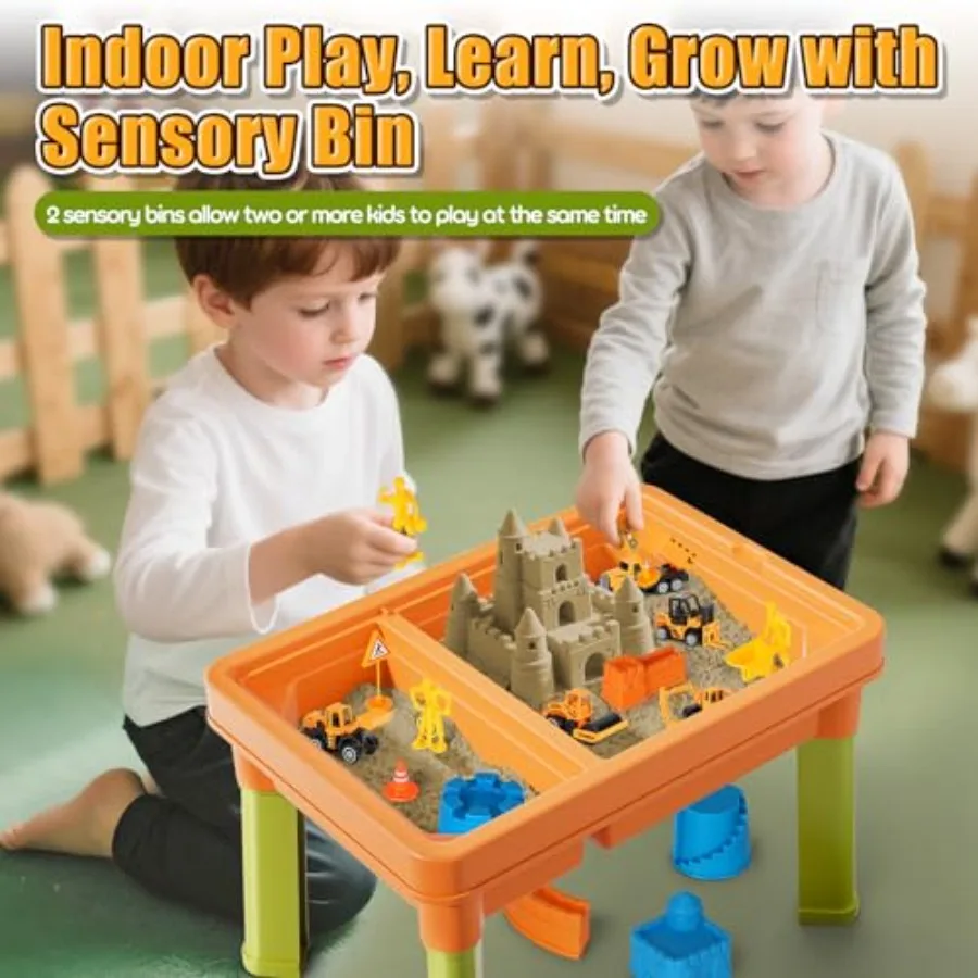 Sensory Table with Sensory Sand, Sensory Bin with Lid & 2.6lbs Play Sand, Construction Kit with 6 Alloy Trucks & Castle Molds, S