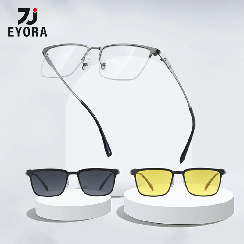 EYORA Business Magnetic Clip on Glasses Men Anti Blue Light Myopia Eyewear Photochromic Progressive Eyeglasses with Prescription