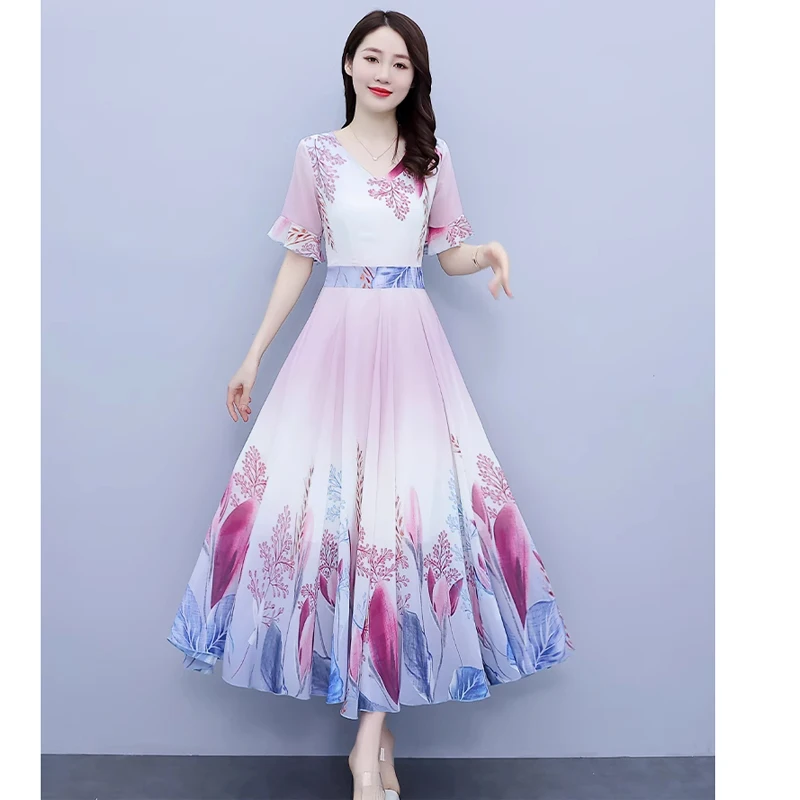 Women Bohemia Chiffon Long Dresses Summer Female V Neck Short Sleeve Large Size Elegant A Line Pink Blue Floral Printed Vestidos