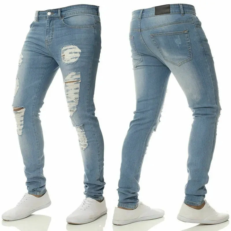 

Men's Stretchy Ripped Skinny Biker Jeans Solid Color Elastic Slim Fit Destroyed Hole Denim Pants Casual Fashion Hip-pop Trousers