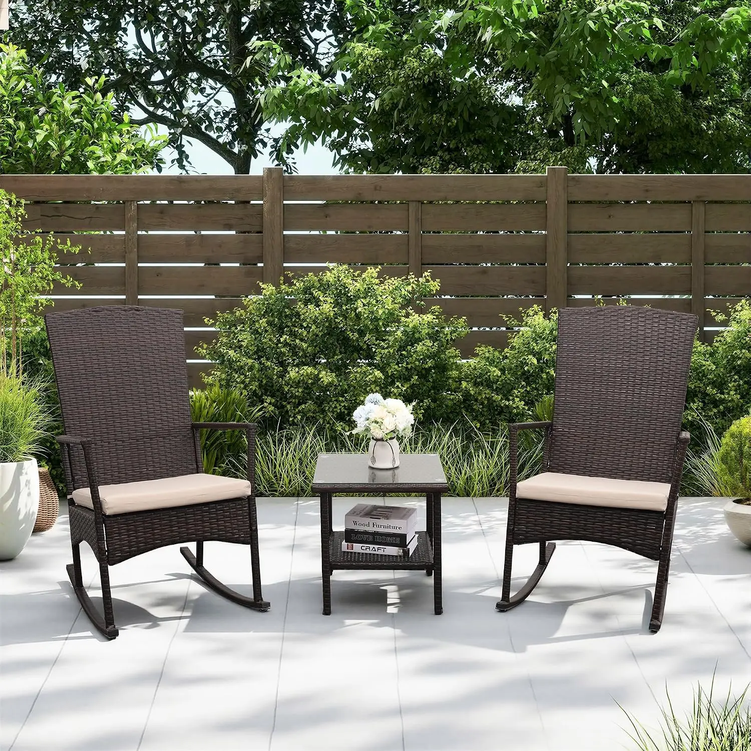 High-Back Outdoor Rocking Chair 3-Piece Set With Side Table, Khaki, Customized