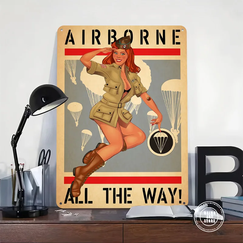 Airborne Pinup Girl 1942 Tinplate Posters Customizable Wall Art Retro Vintage Metal Signs for Home Room Garage Decoration Gaming