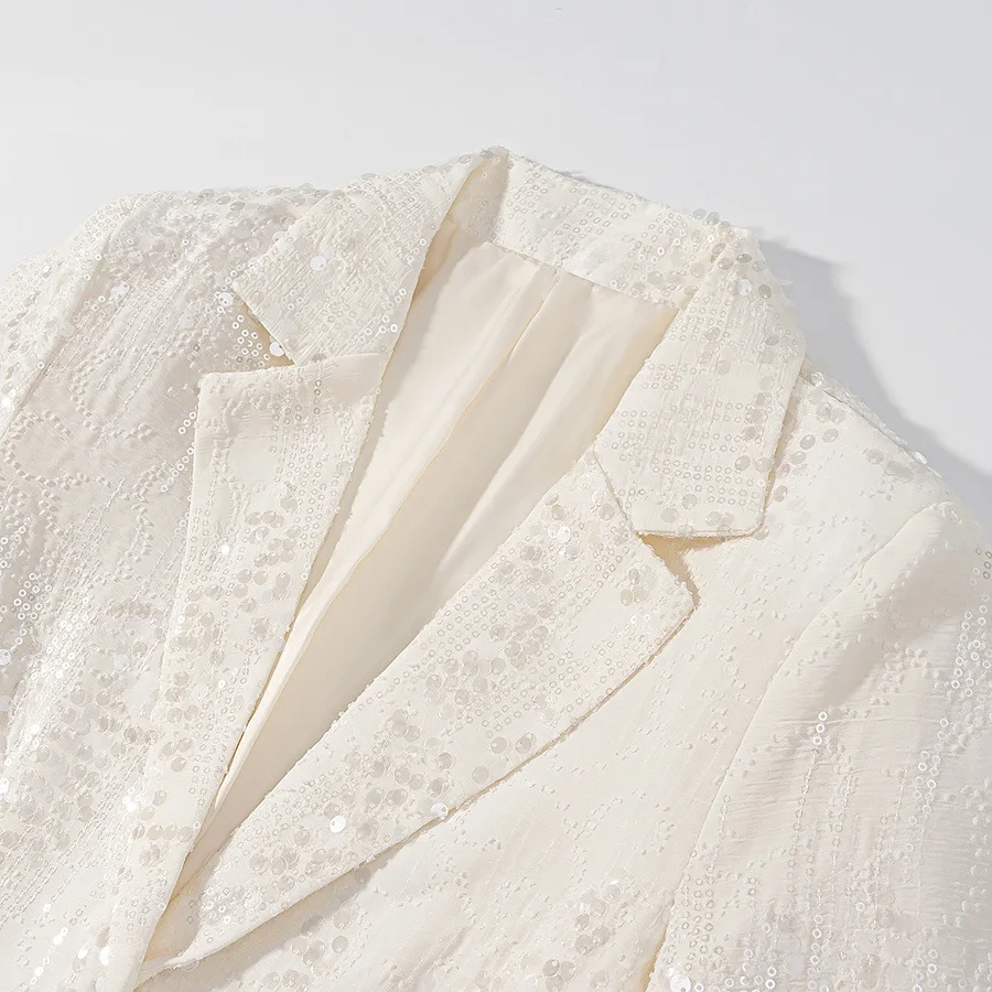Lantejoulas brilhantes cor sólida calças retas conjunto de duas peças terno perspectiva calças roupa feminina lapela glitter solto casaco