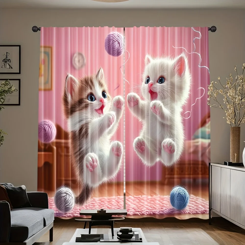 Cute Cartoon Cat Curtains 3D Kitten Print Pink Window Drapes for Kids Room Bedroom Nursery Playful Home Decor