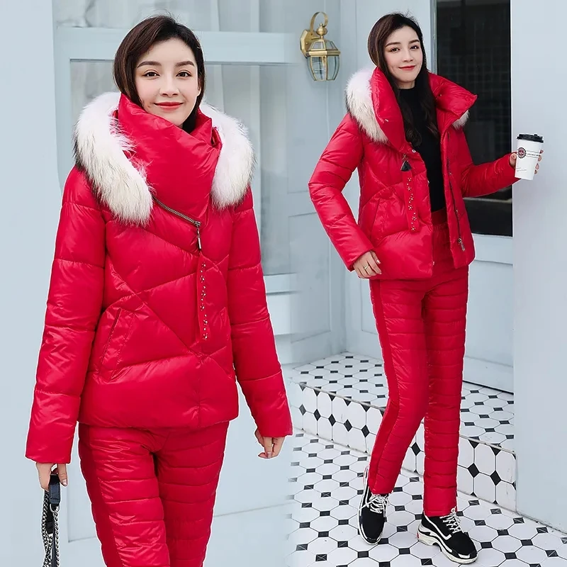 Women Winter Hiking Jacket Pants Suit Fashion Large lapel Fur Collar Warm Two piece Set Slim Outerwear Pants Coat Down Cotton