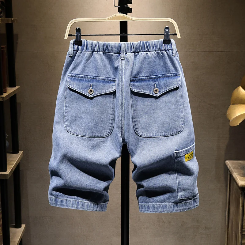 plus size denim shorts men's summer thin section plus size knee length jeans elastic waist pockets casual Blue pants 5XL 6XL 7XL