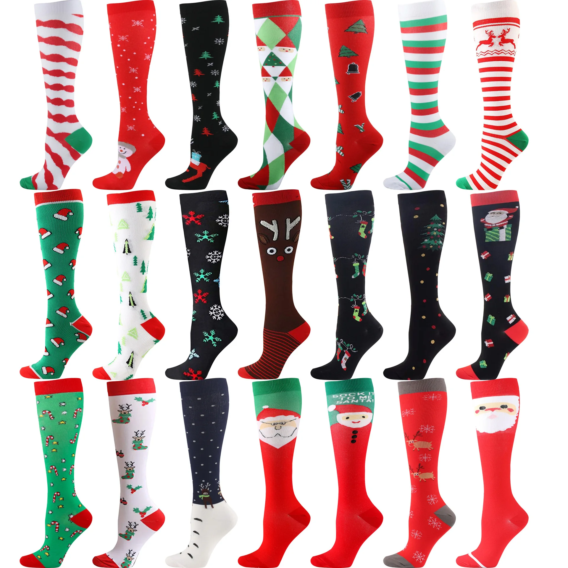 

Christmas Compression High Stockings Women Nylon Stretch Socks Santa Claus Printing Pattern Running Knee High Xmas