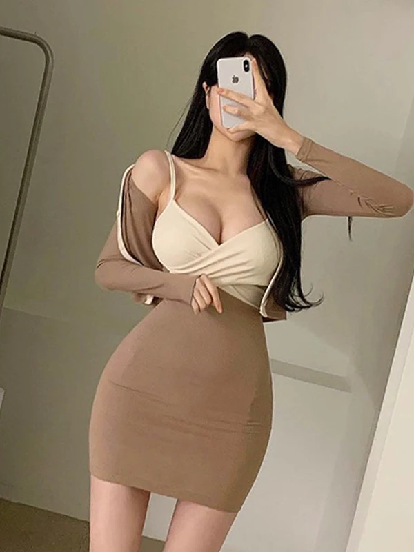 

Dongda Gate Women's Sexy Short Sleeve Dress Set Pure Desire Hot Girl Strap Bodycon Dress Two-Piece Suit for Young Women