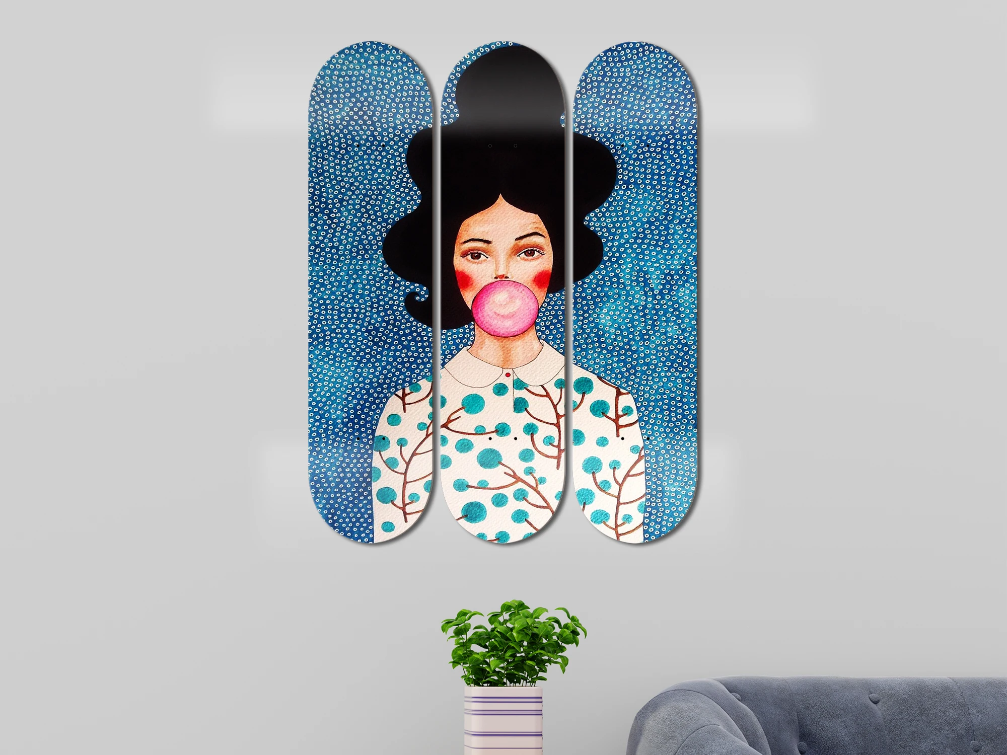 Set of 3pcs Bubble Girl Art Skateboard Wall Art 7-layer Maple Decoration Skateboard Furnish and Decorate for Home Decor