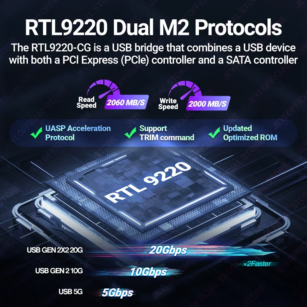 JEYI 20Gbps RGB M.2 NVMe SSD Gabinete, USB 3.2 GEN2x2 Suporte UASP Trim, capacidade de 4 TB, caixa de liga de alumínio, chip 9220 PCIe NVMe