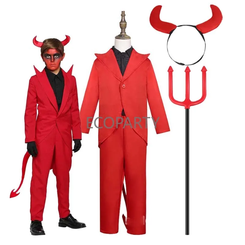 Halloween Role-Play terno vermelho, diabo diabo traje set, inclui falso dois tops, calças, diabo chifre Headband, Pitchfork, novo, 2022