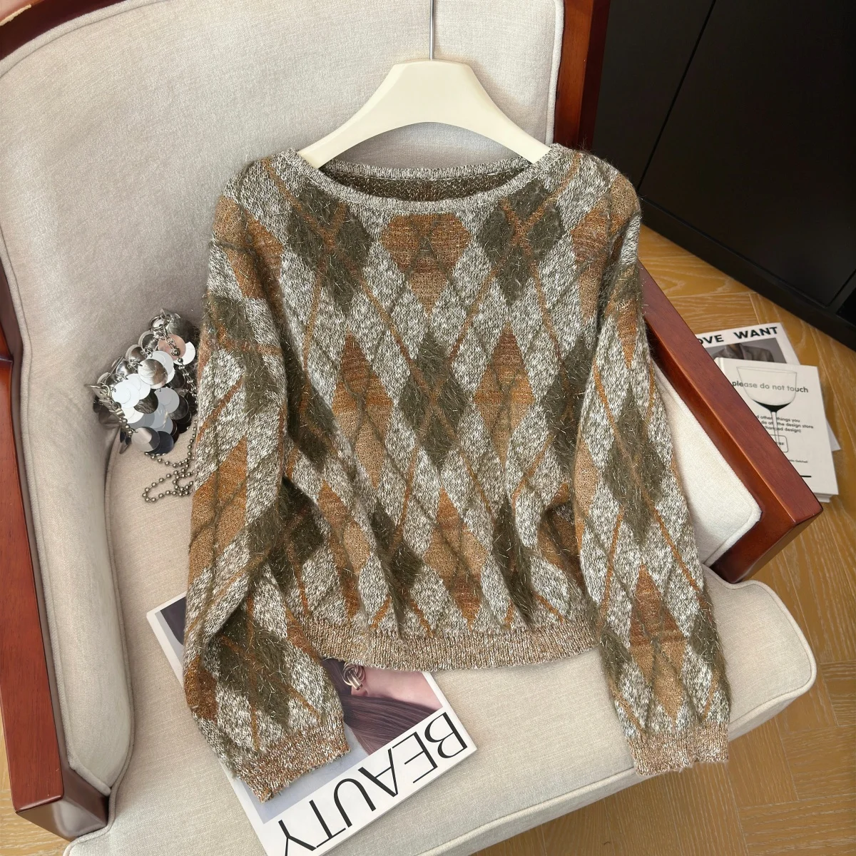 Women Bown Pullover Sweater Vintage 2000s Y2k Jumper Knitwear Long Sleeves O-Neck Sequins Sweater Spring Autumn Clothes 2027