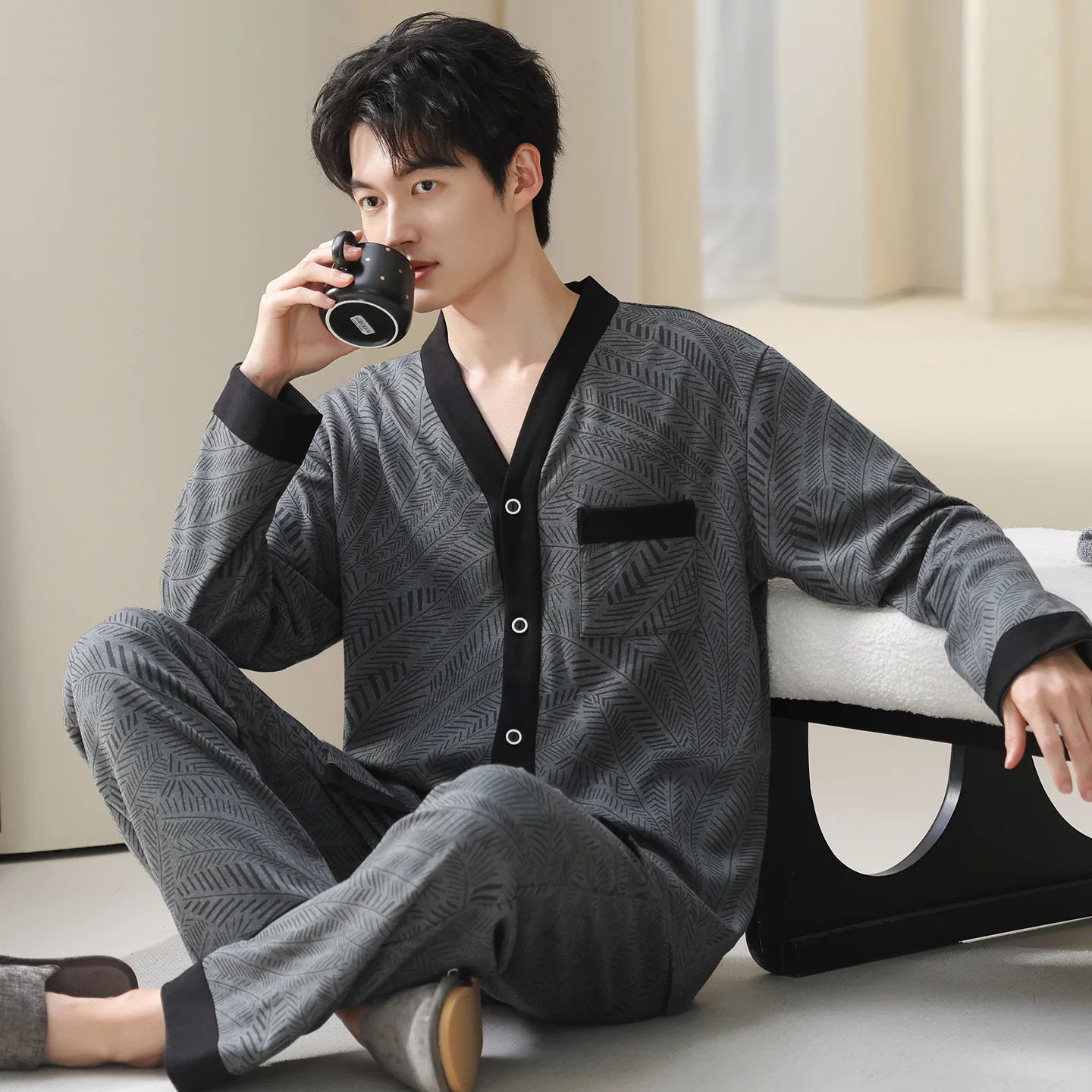 Spring Autumn V-Neck Pyjamas Male Pajamas Sets Elegant Print Japanese Kimonos For Men Big Yards M-3XL Knit Cotton Yukata Pijamas
