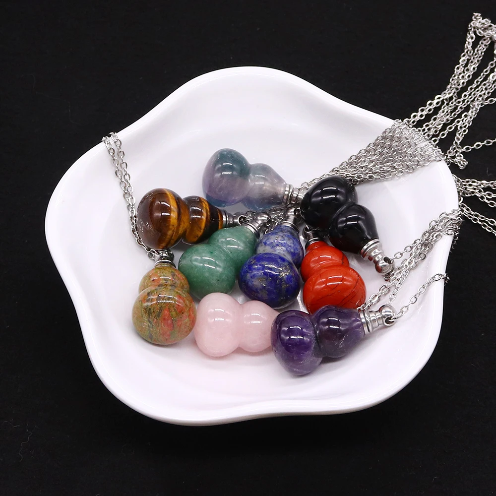 Polished Gourd-Shaped Natural Stone Perfume Bottle Necklace Amethyst Lapis Lazuli Diffuser Essential Oil Bottle Women's Gift