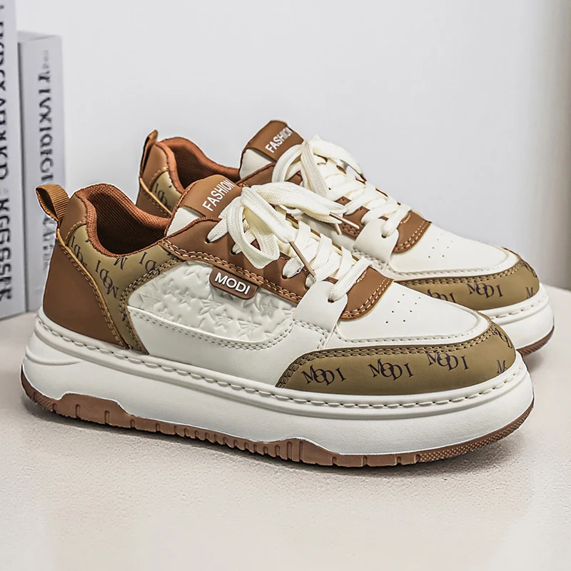 Man Color Block Platform Sneakers Letter Print Patchwork Lace Up Thick Sole Skate Shoes Fashion Retro Casual Daily Walking