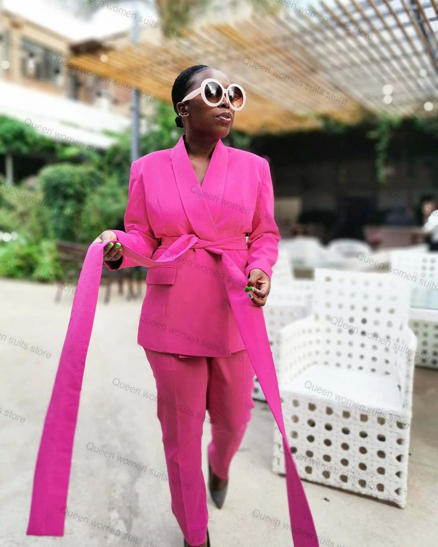 Hot Pink Women Suit Pants Set 2 Piece Blazer With Belt+Trousers Cotton Wedding Tuxedo Formal Office Lady Jacket Tailored Coat