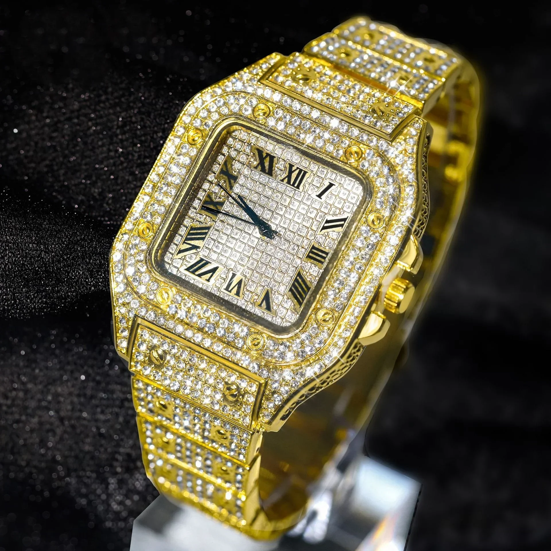 Men Iced Out Square Watch Silver Full Rhinestone Roman Dial Quartz Hip Hop Wristwatch Gift