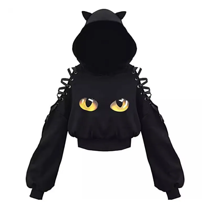 HKSH Autumn New Women Tide Dark Cute Cat Print Belly Button Sweater Streetwear Punk Fashion Ins Chic Sweatshirt Niche Coat H2525