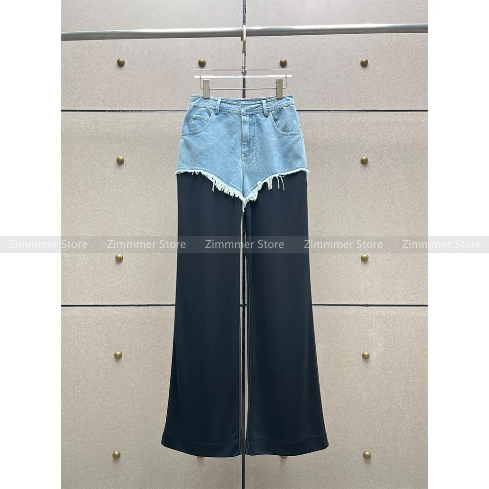 

Women's 2024 Autumn new High-waisted Hair Whiskers Hit the Colour Splicing Denim Wide-leg Trousers