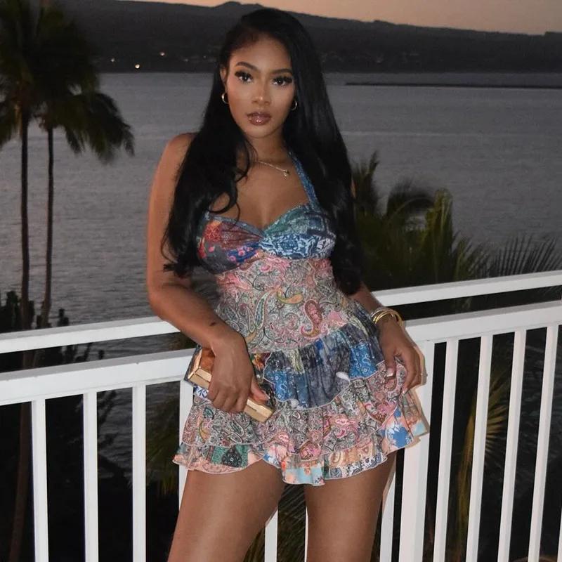 

Color Print Halter Neck Mini Dresses Women Sexy Backless Beach Vacation Style Short Dress Fashion Ruffle Vestidos Summer New