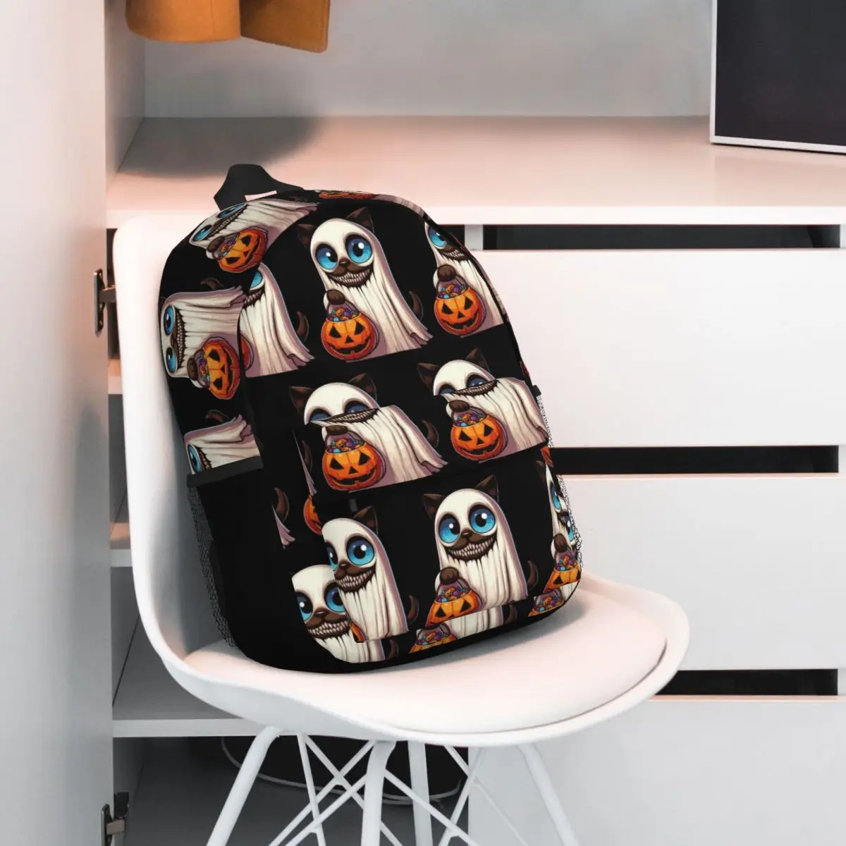 Siamese Cat Scary Halloween Ghost Spooky Pumpkin Candy Backpack Hot Sale Daypack Large Capacity BookBag Shoulder Bags School Bag