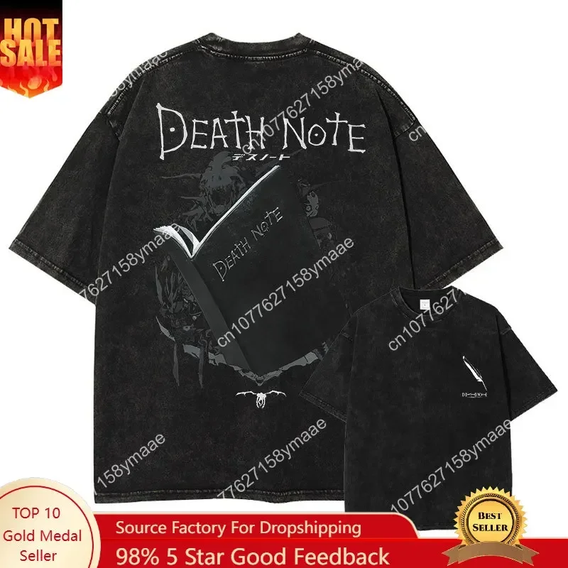 Customization Shirt Anime Death Note T Shirt Oversized Vintage Washed Yagami Light T-shirts Streetwear Short Sleeve Retro Manga