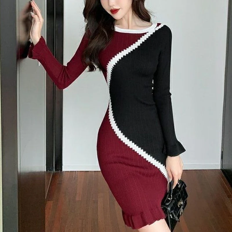 

Autumn Winter New Round Neck Long Sleeve Fashion Midi Dress Women Contrast Color Ruffles Dresses Edible Tree Fungus Vestidos